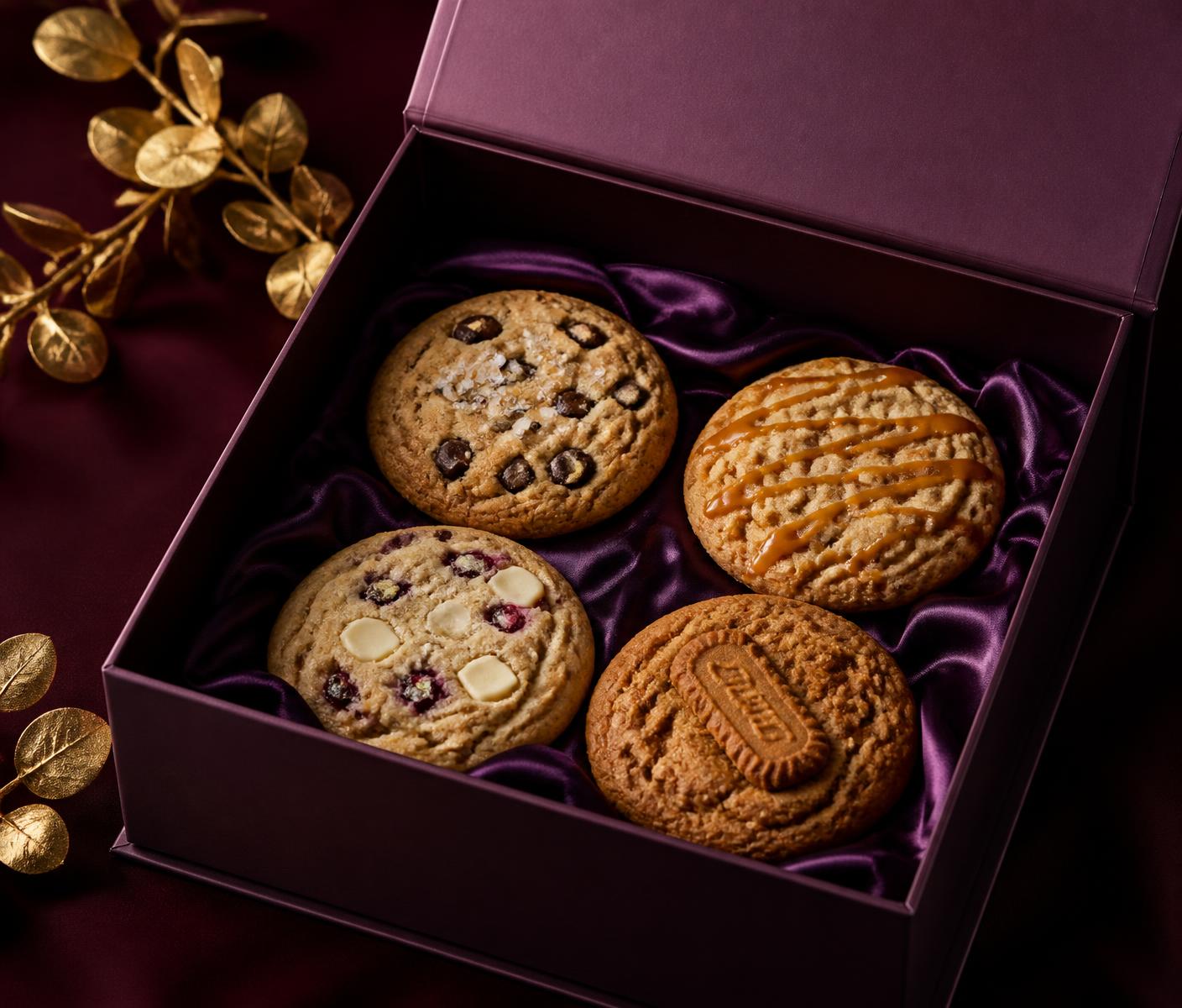 Luxury Baked Your Day gift box lined with purple silk holding four gourmet cookies